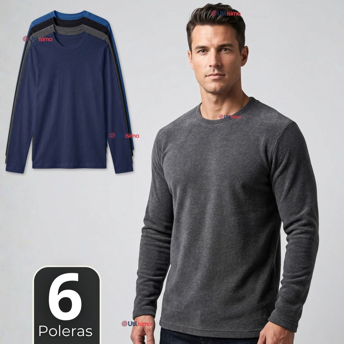 UTILISIMO - Pack 6 Camisetas Poleras Polar Primera Capa Manga Larga Colores Surtidos Hombre