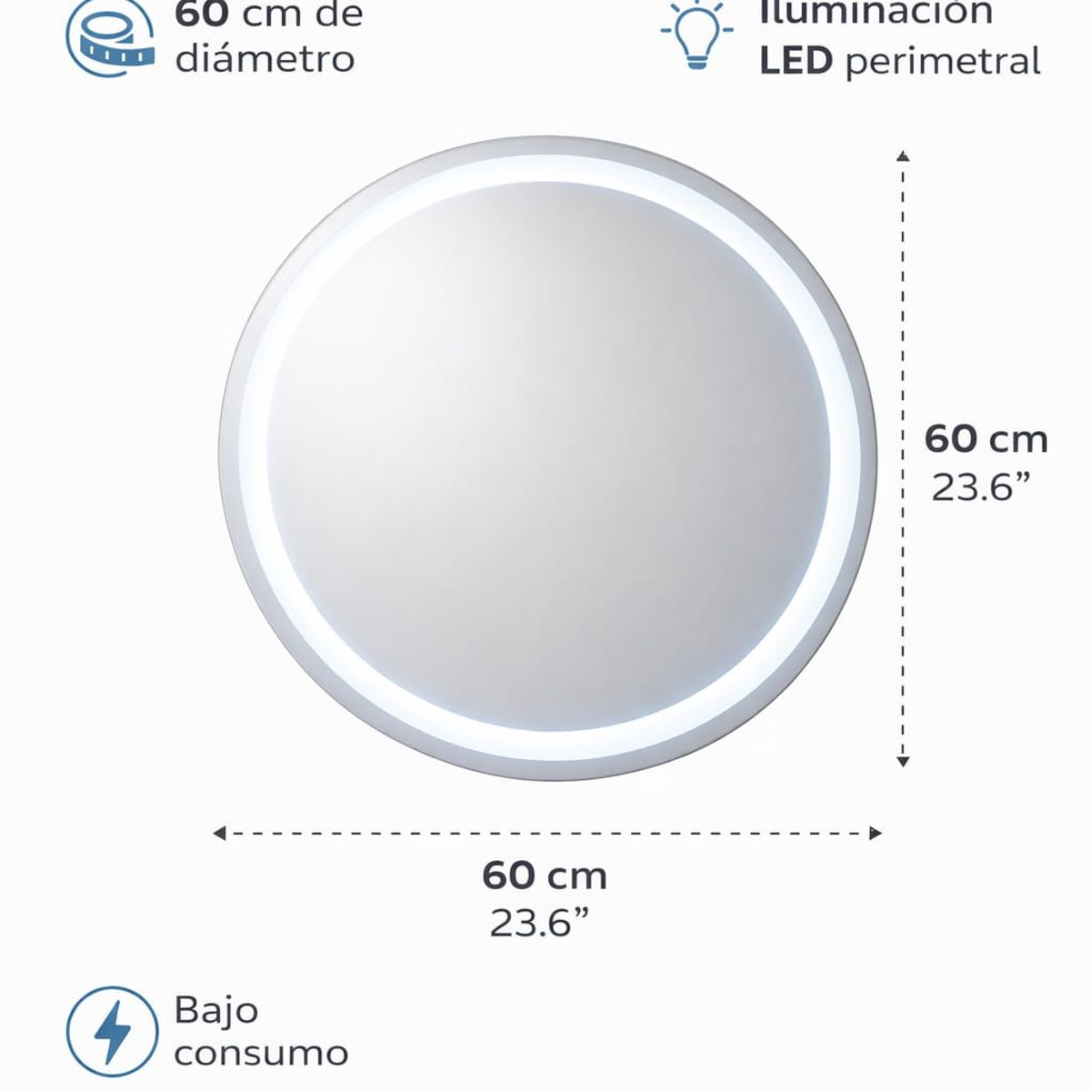 GENERICO - Espejo Redondo Led 60 Cm Con Iluminación Perimetral