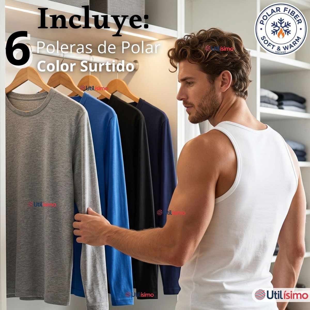 UTILISIMO - Pack 6 Camisetas Poleras Polar Primera Capa Manga Larga Colores Surtidos Hombre