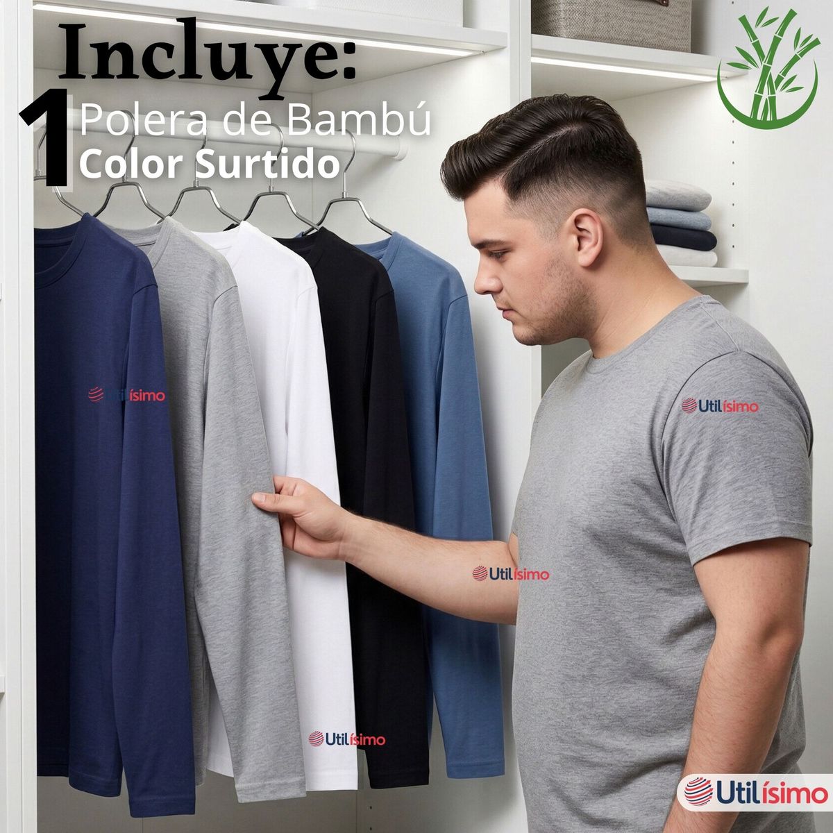 UTILISIMO - Camiseta Polera Bambú Primera Capa Cuello Redondo Manga Larga Colores Surtidos Hombre