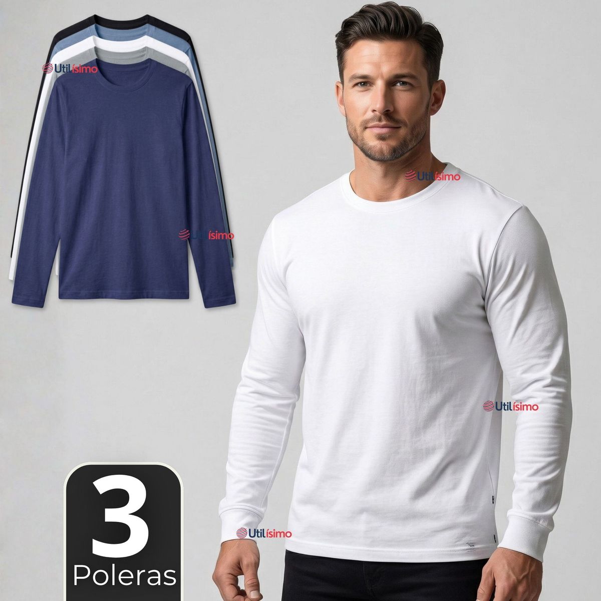 UTILISIMO - Pack 3 Camisetas Poleras Bambú Primera Capa Cuello Redondo Manga Larga Colores Surtidos Hombre