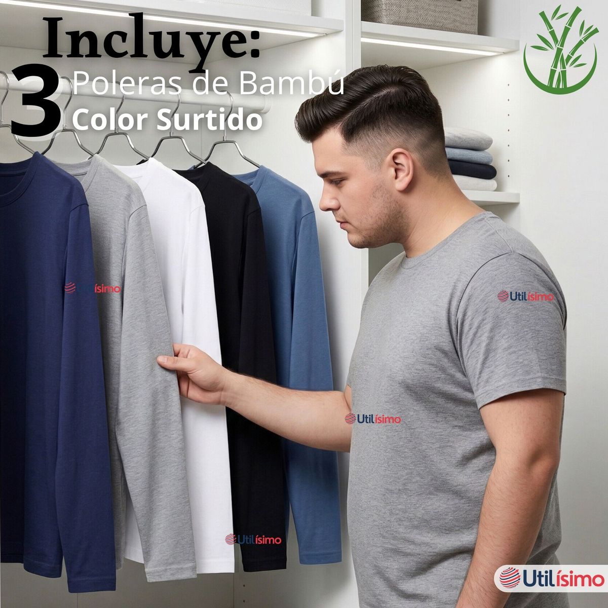UTILISIMO - Pack 3 Camisetas Poleras Bambú Primera Capa Cuello Redondo Manga Larga Colores Surtidos Hombre