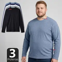 UTILISIMO - Pack 3 Camisetas Poleras Bambú Primera Capa Cuello Redondo Manga Larga Colores Surtidos Hombre