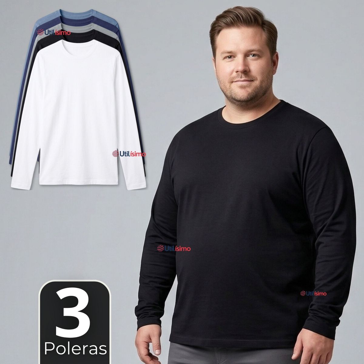 UTILISIMO - Pack 3 Camisetas Poleras Bambú Primera Capa Cuello Redondo Manga Larga Colores Surtidos Hombre