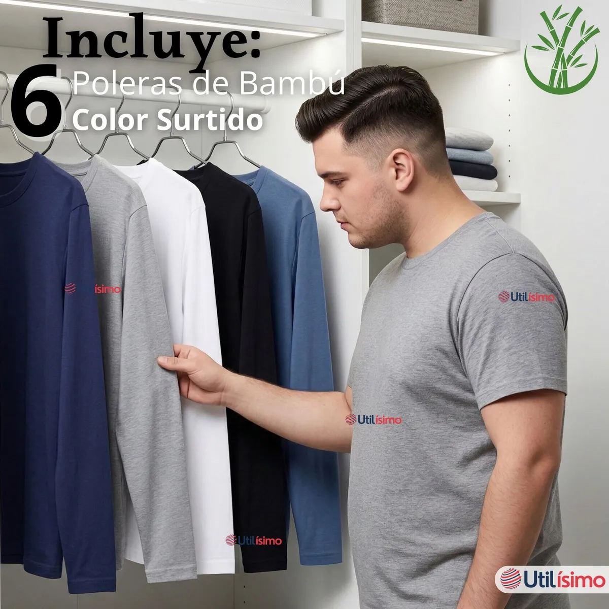 UTILISIMO - Pack 6 Camisetas Poleras Bambú Primera Capa Cuello Redondo Manga Larga Colores Surtidos Hombre
