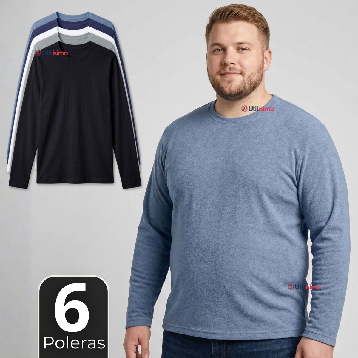 UTILISIMO - Pack 6 Camisetas Poleras Bambú Primera Capa Cuello Redondo Manga Larga Colores Surtidos Hombre