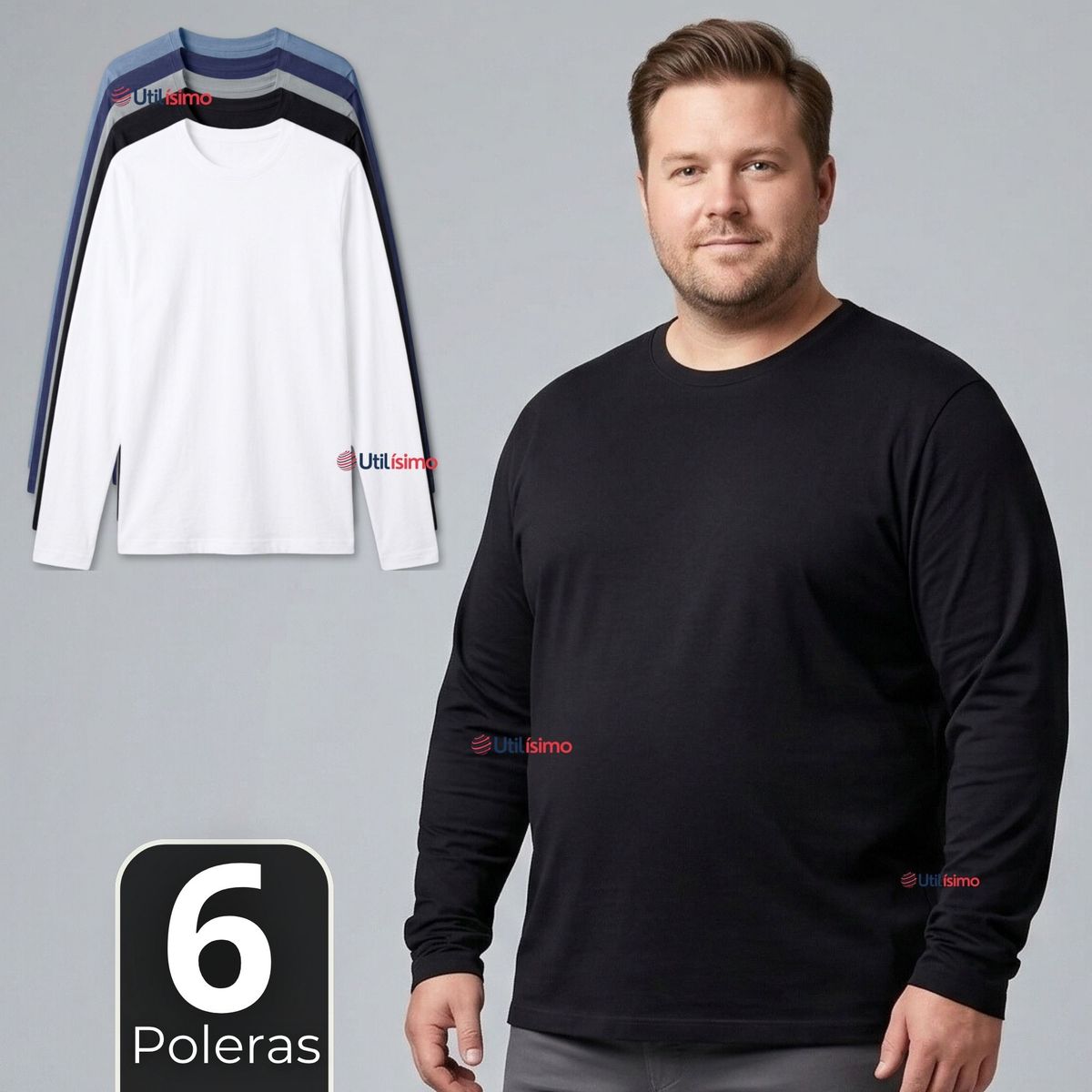 UTILISIMO - Pack 6 Camisetas Poleras Bambú Primera Capa Cuello Redondo Manga Larga Colores Surtidos Hombre