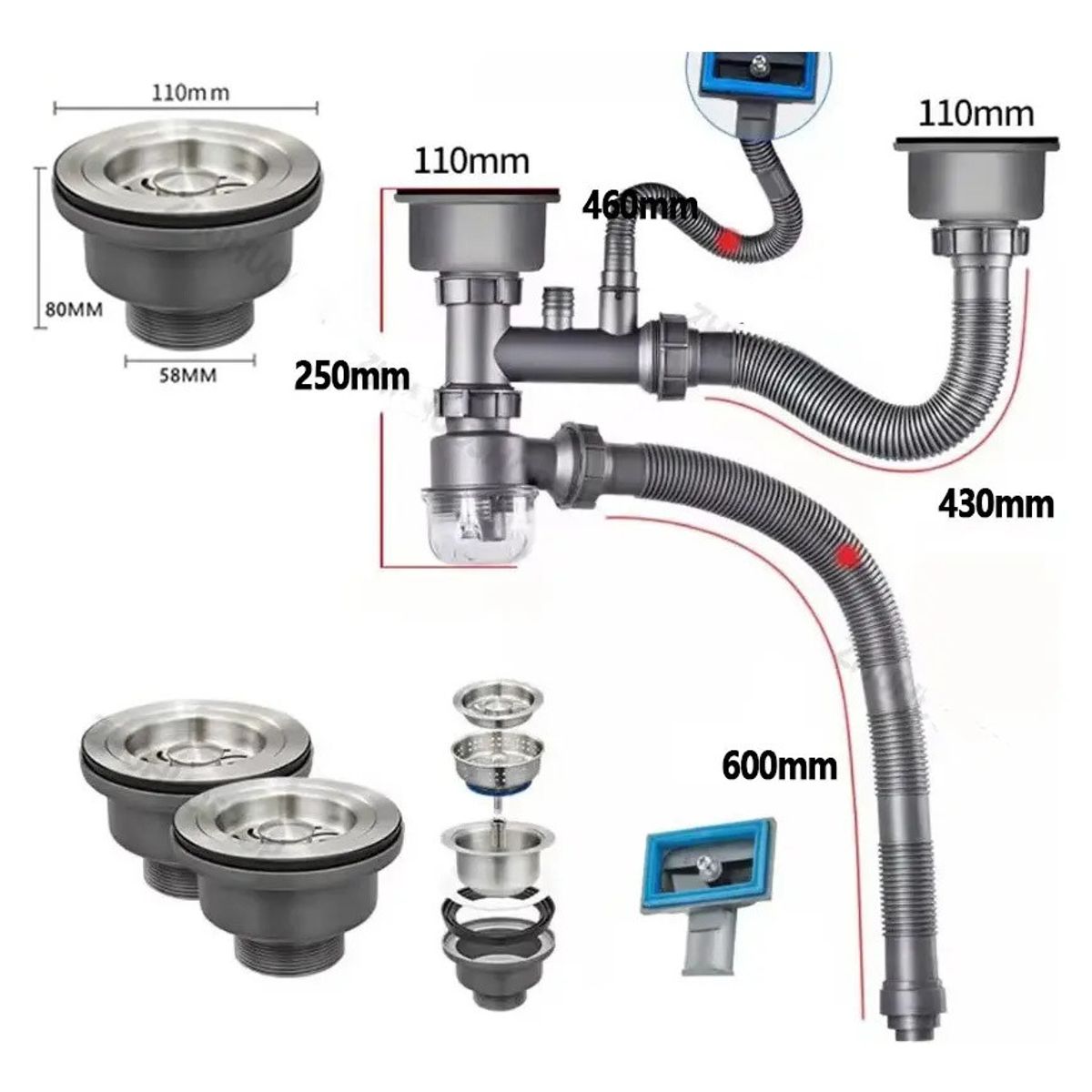 KUANGYE - Cespol Desagüe Fregadero Cocina Baño Tubo Doble Flexible