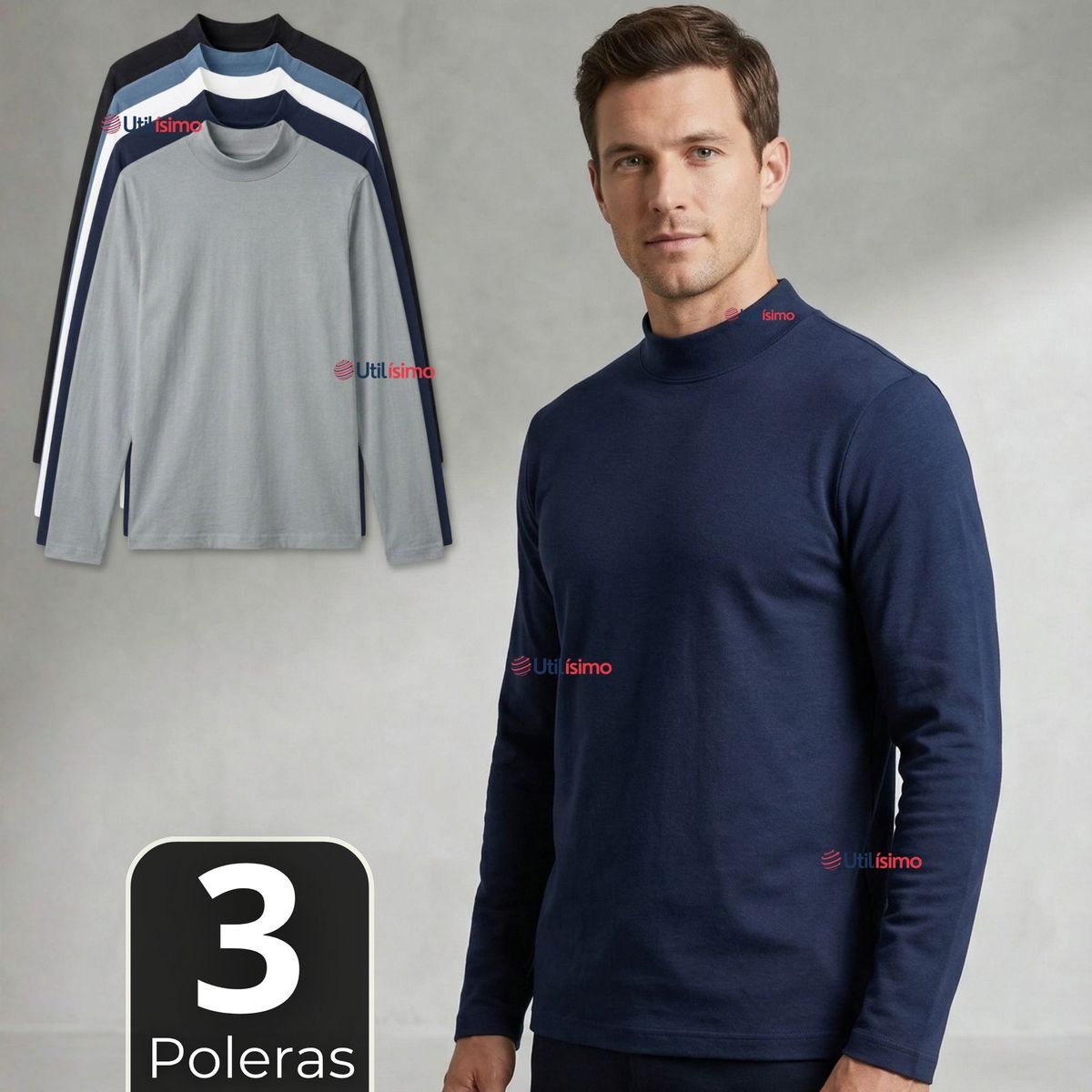 UTILISIMO - Pack 3 Camisetas Poleras Bambú Primera Capa Cuello Beatle Manga Larga Colores Surtidos Hombre