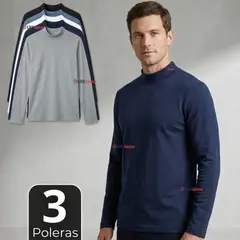 UTILISIMO - Pack 3 Camisetas Poleras Bambú Primera Capa Cuello Beatle Manga Larga Colores Surtidos Hombre