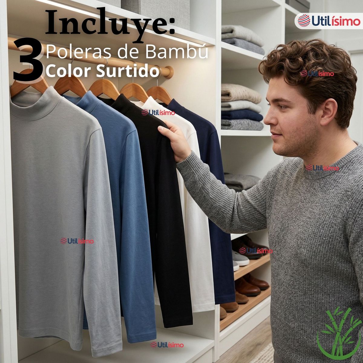 UTILISIMO - Pack 3 Camisetas Poleras Bambú Primera Capa Cuello Beatle Manga Larga Colores Surtidos Hombre
