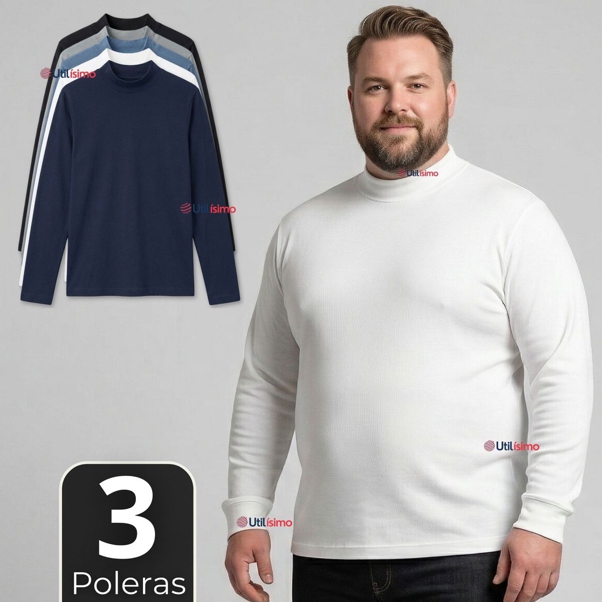 UTILISIMO - Pack 3 Camisetas Poleras Bambú Primera Capa Cuello Beatle Manga Larga Colores Surtidos Hombre
