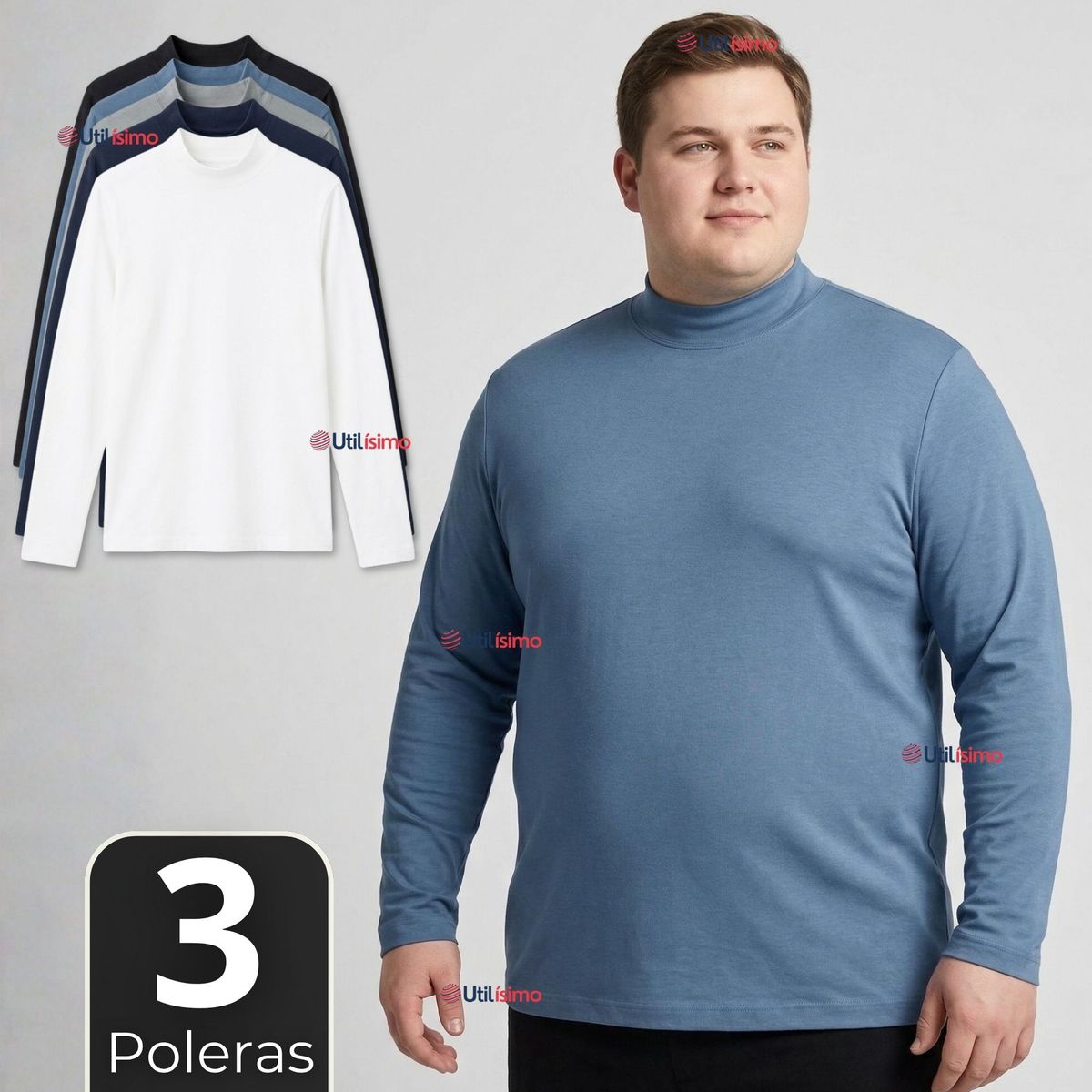 UTILISIMO - Pack 3 Camisetas Poleras Bambú Primera Capa Cuello Beatle Manga Larga Colores Surtidos Hombre