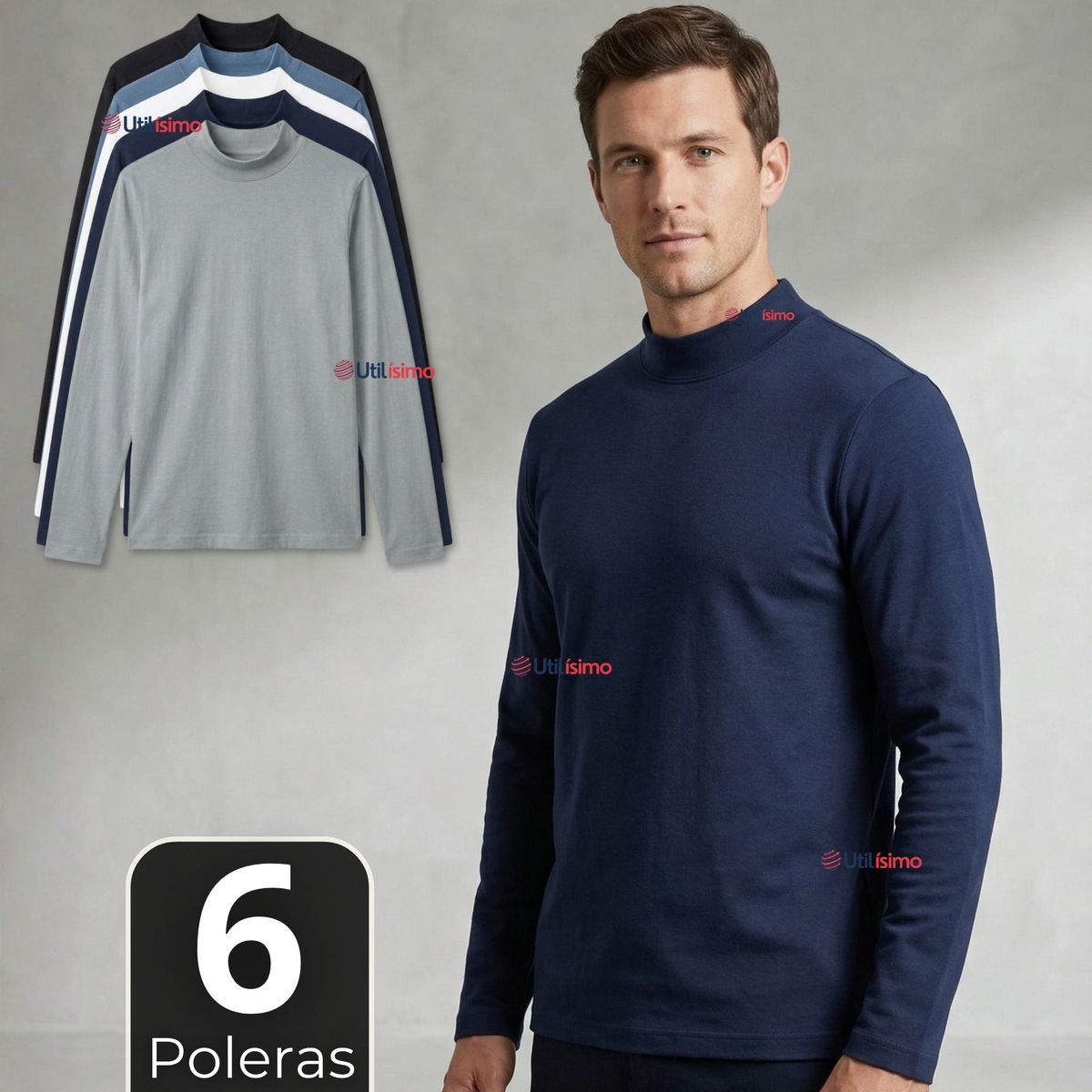 UTILISIMO - Pack 6 Camisetas Poleras Bambú Primera Capa Cuello Beatle Manga Larga Colores Surtidos Hombre