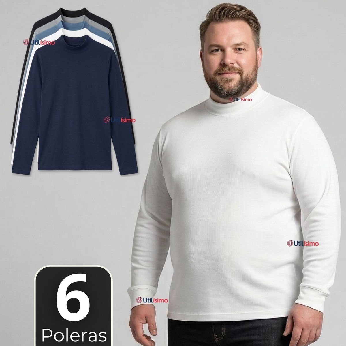 UTILISIMO - Pack 6 Camisetas Poleras Bambú Primera Capa Cuello Beatle Manga Larga Colores Surtidos Hombre