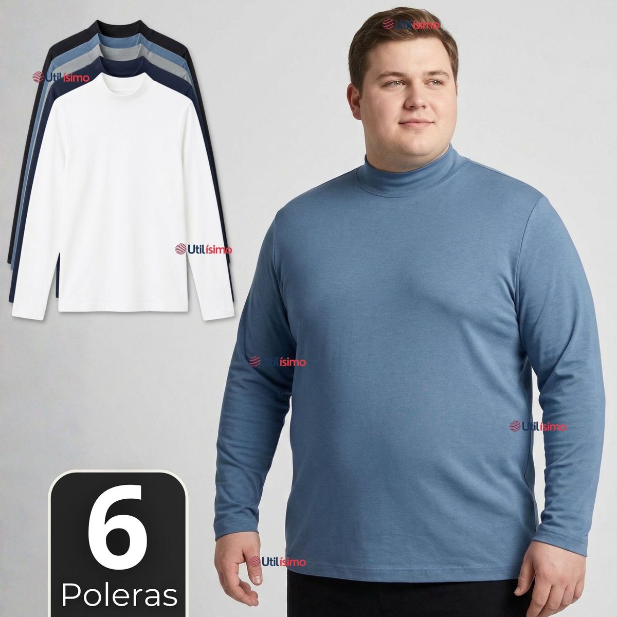 UTILISIMO - Pack 6 Camisetas Poleras Bambú Primera Capa Cuello Beatle Manga Larga Colores Surtidos Hombre