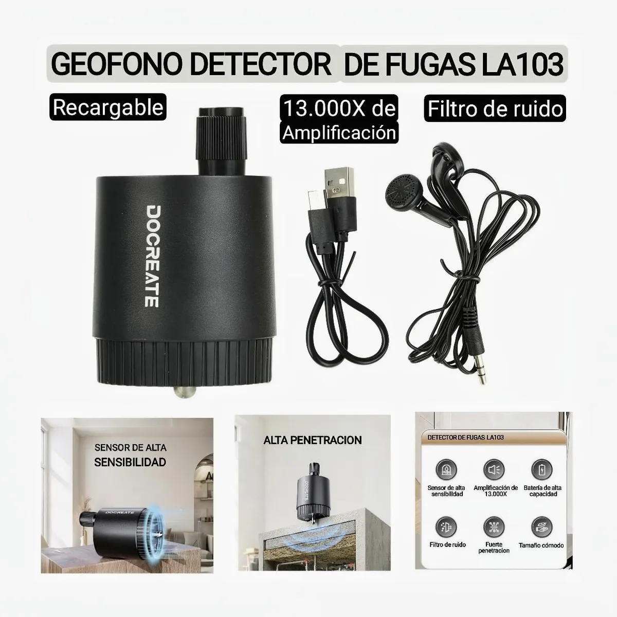 GENERICO - Detector de fugas de agua Recargable 13.000X. Geofono