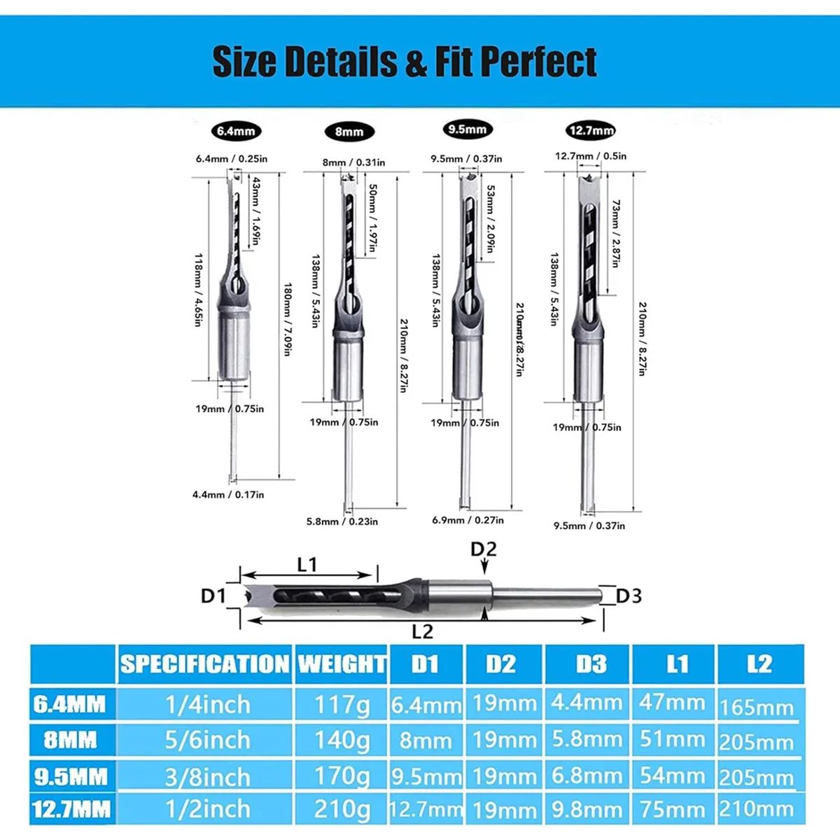 GENERICO - 4 Pcs Brocas Cuadrada Cincel Mortaja Formón