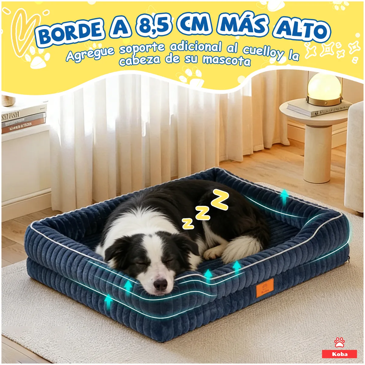 KOBA - Cama Antiestres Perro Colchon Ortopedica 90x63cm Grande Tela Franela Azul Marino