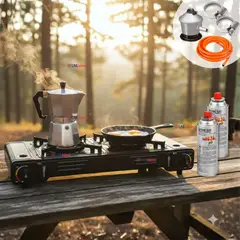 LINE - Cocina Portátil Cocinilla Camping 2 platos + Kit de Instalación + 2 Latas de Gas