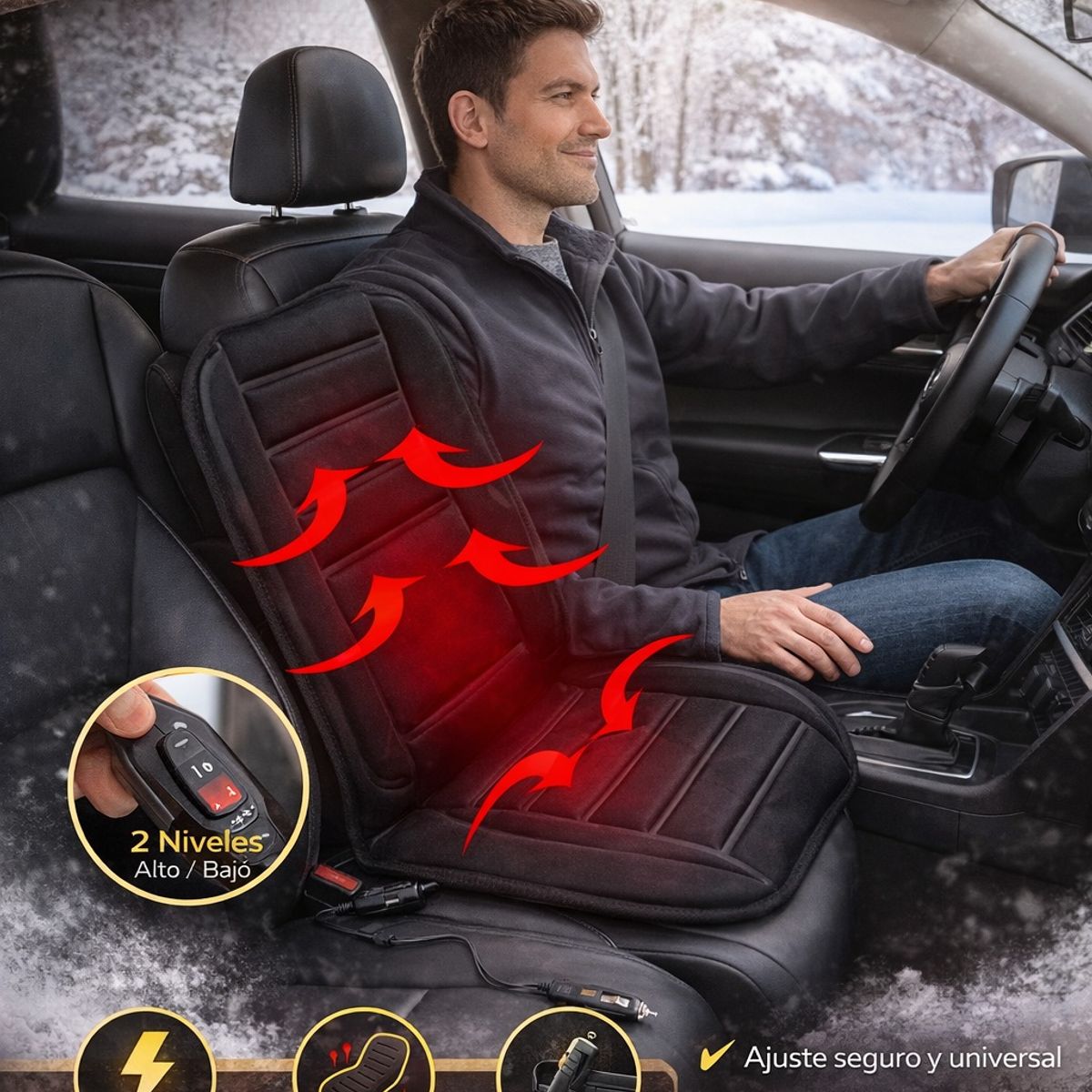 Funda Calienta Asiento Auto 12V  Confort Térmico Instantáneo para Invierno, marca MOVI - Foto Principal