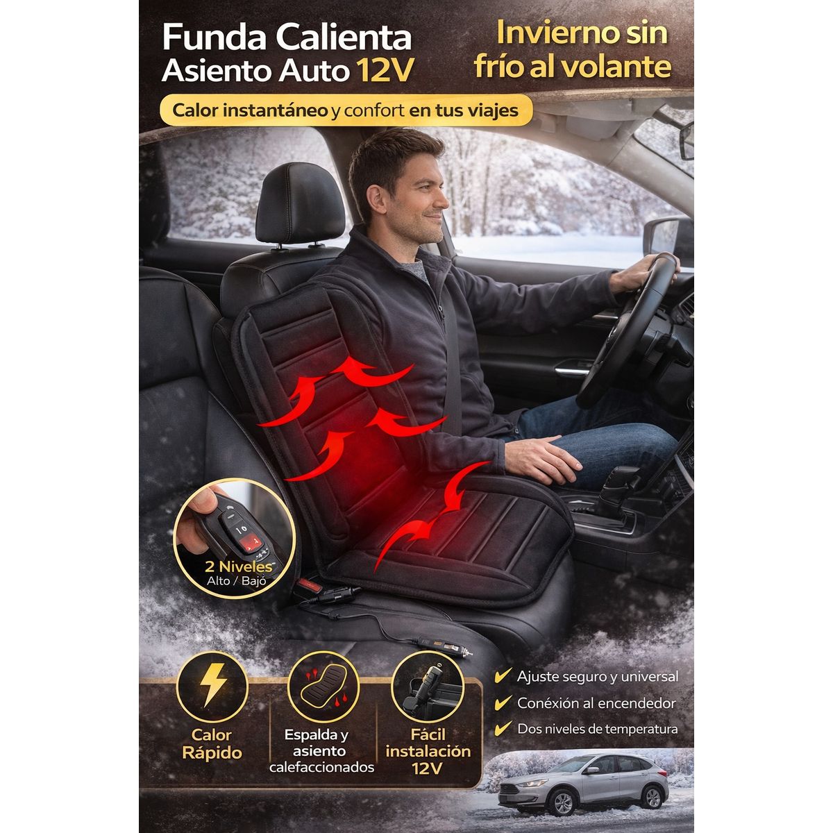 Funda Calienta Asiento Auto 12V  Confort Térmico Instantáneo para Invierno, marca MOVI - Foto Principal