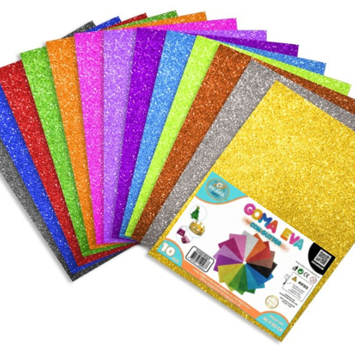 GENERICO - 10 Pliegos Goma Eva Glitter 2mm 60x40cm Colores Variados Galaxia Art