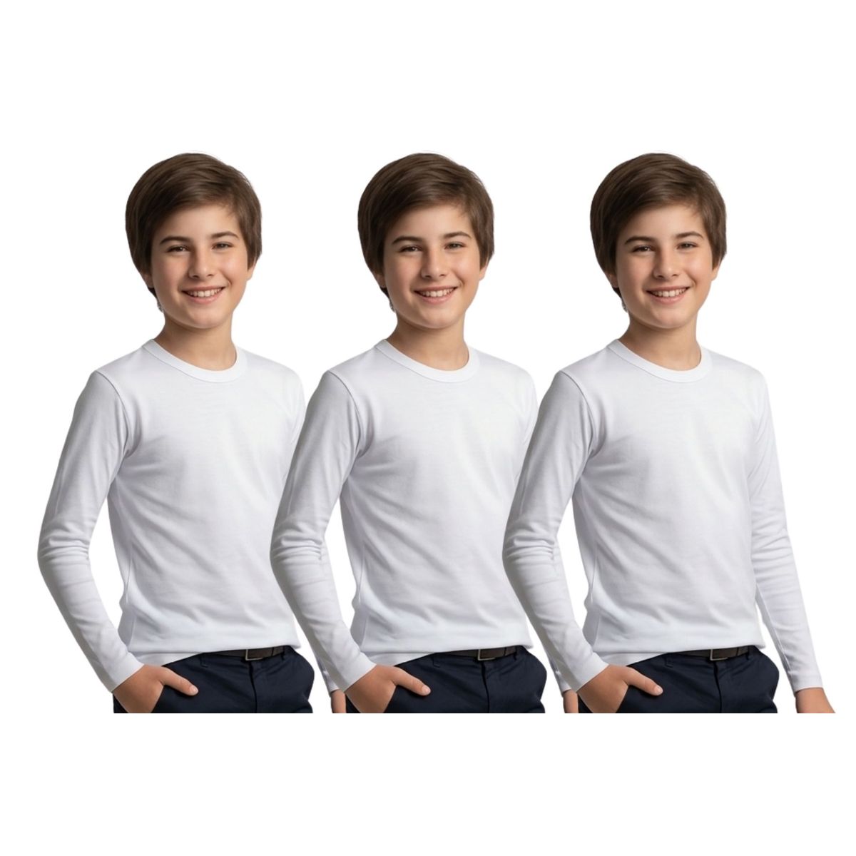 LOOK SHOP - Pack 3! Camiseta Manga Larga Algodón, Blanco. Niño Y Juvenil 808