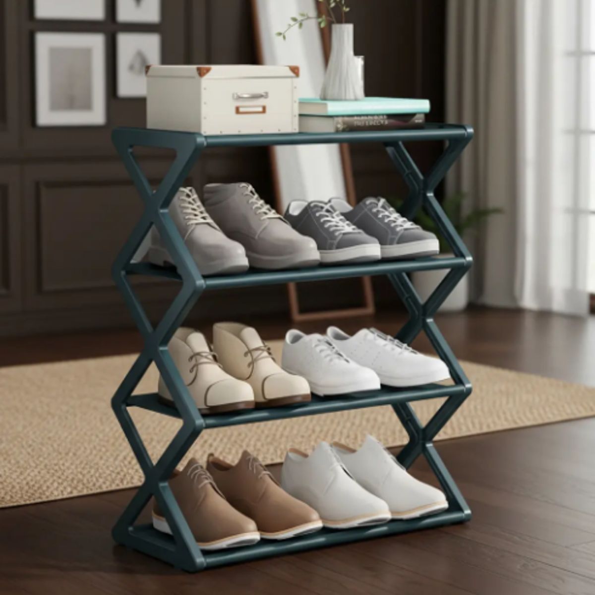 GENERICO - Zapatero Estante Organizador 4 Niveles 8 Pares Acero Forma X Verde Oscuro