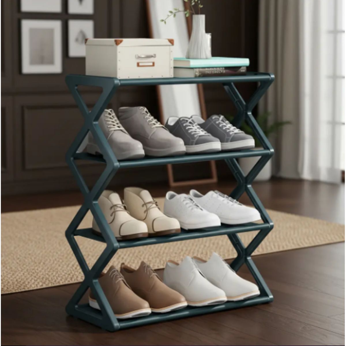 GENERICO - Zapatero Estante Organizador 4 Niveles 8 Pares Acero Forma X Verde Oscuro