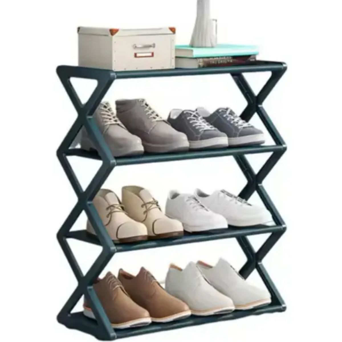 GENERICO - Zapatero Estante Organizador 4 Niveles 8 Pares Acero Forma X Verde Oscuro