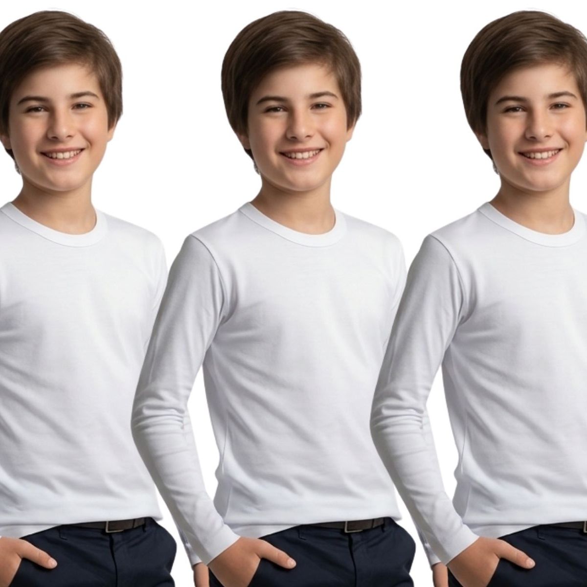 LOOK SHOP - Pack 3! Camiseta Manga Larga Algodón, Blanco. Niño Y Juvenil 808