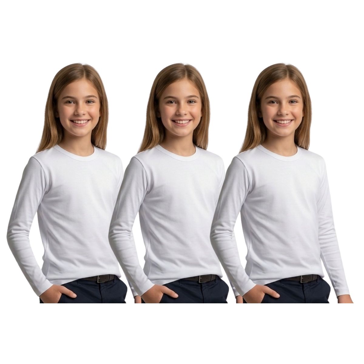 LOOK SHOP - Pack 3! Camiseta Manga Larga Algodón, Blanco. Niño Y Juvenil 808
