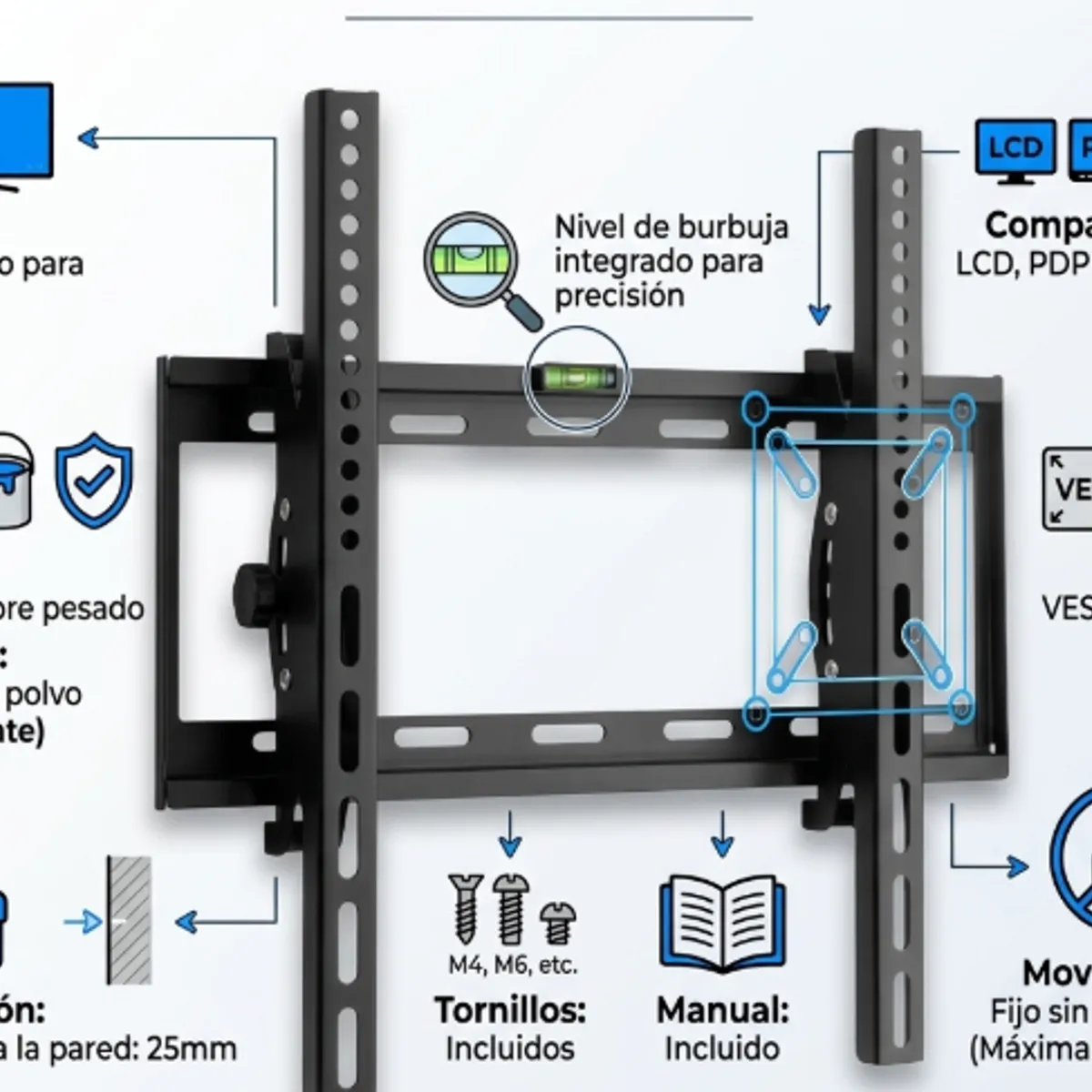 GENERICO - Soporte Fijo Pared TV StarX LCD LED Smart 25mm Pared VESA Universal Tornillos Incluidos