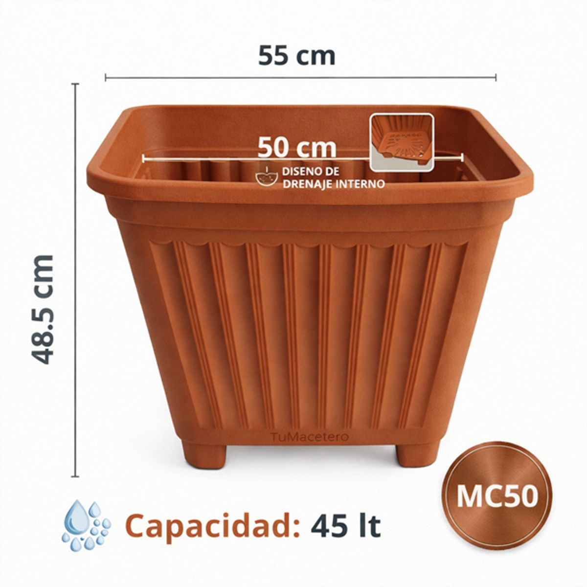 GENERICO - Pack 3 Maceteros Plástico Cuadrado Calipso 50 cm