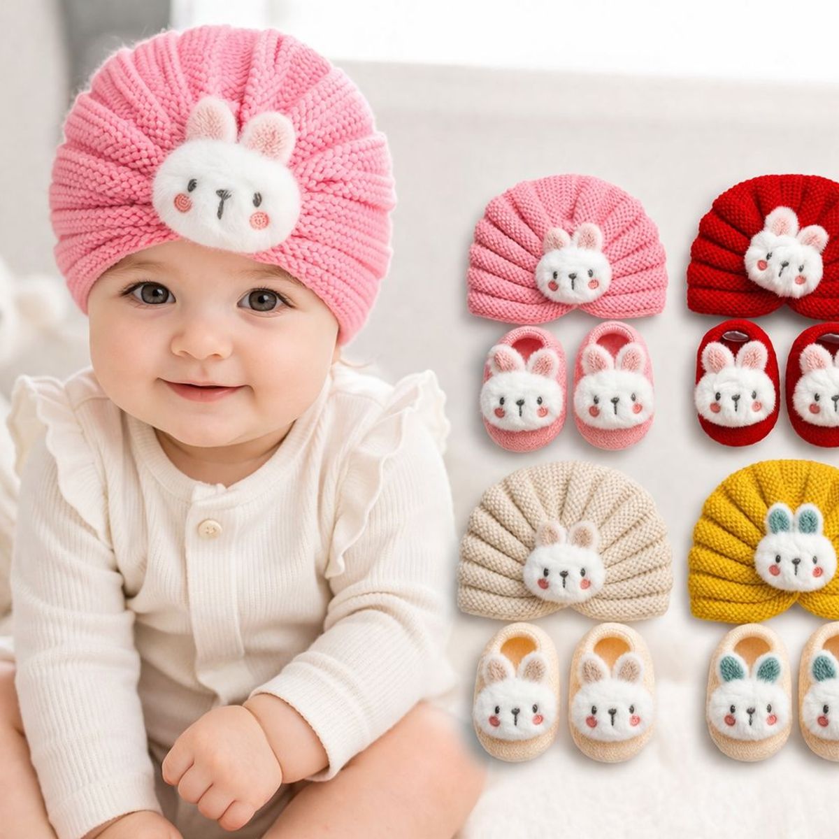 GENERICO - Set Turbante Bebé + Calcetines Conejo Invierno