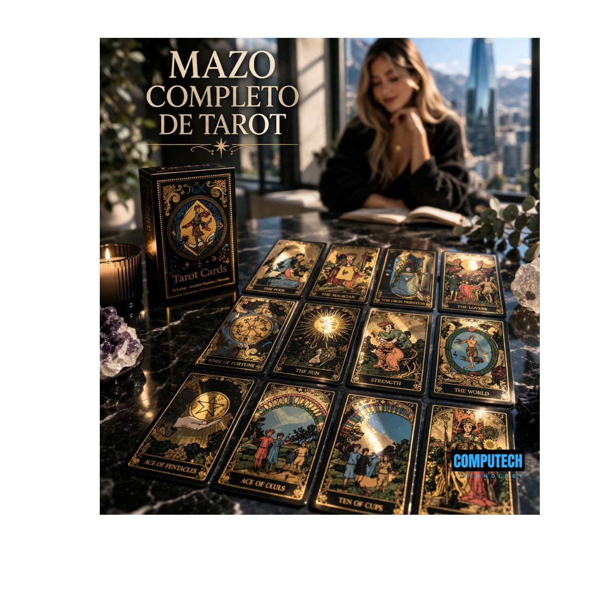 COMPUTECH - Mazo De Tarot Rider-waite 78 Cartas Edición Negro Y Dorado - Premium Con Caja - Cartas Impermeables
