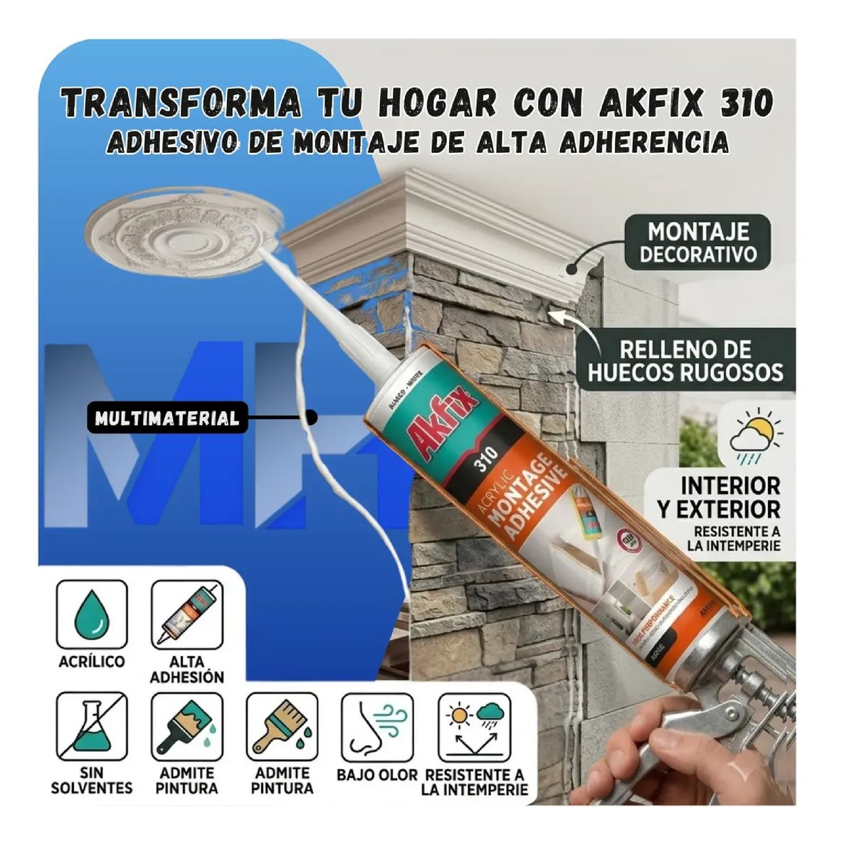 AKFIX - Caja 12 Adhesivo De Montaje Akfix 310 Multiuso Madera Yeso