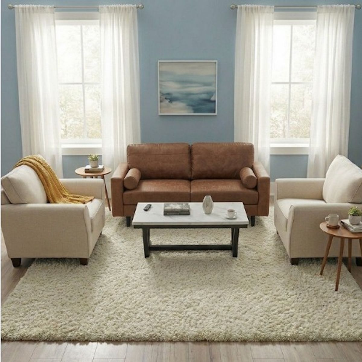 DANIELS - Living Sofá 3 Cuerpos Lousiana Vintage Café + 2 Sillones New Charlotte+Mesa Centro Moderna Mármol Blanca