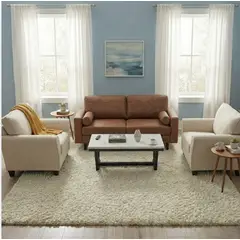 DANIELS - Living Sofá 3 Cuerpos Lousiana Vintage Café + 2 Sillones New Charlotte+Mesa Centro Moderna Mármol Blanca