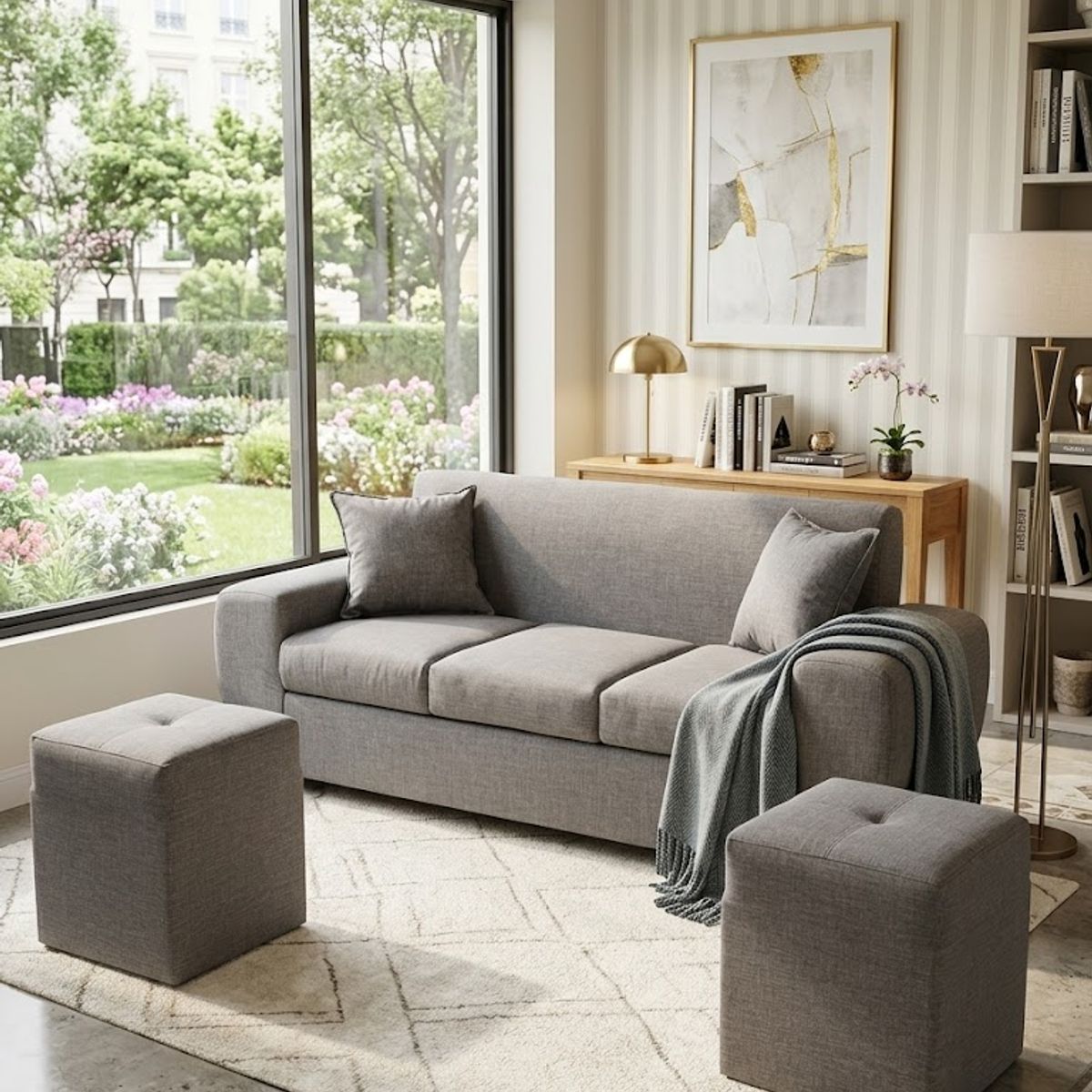 GENERICO - sofa de 3 cuerpos con 2 puff gris lino