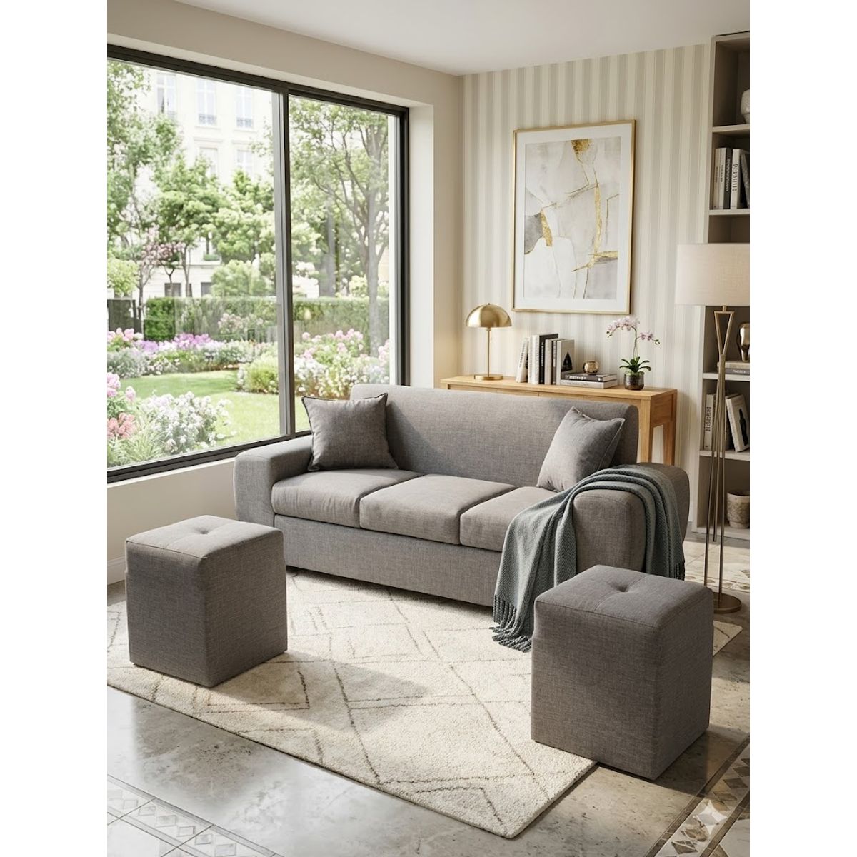 GENERICO - sofa de 3 cuerpos con 2 puff gris lino