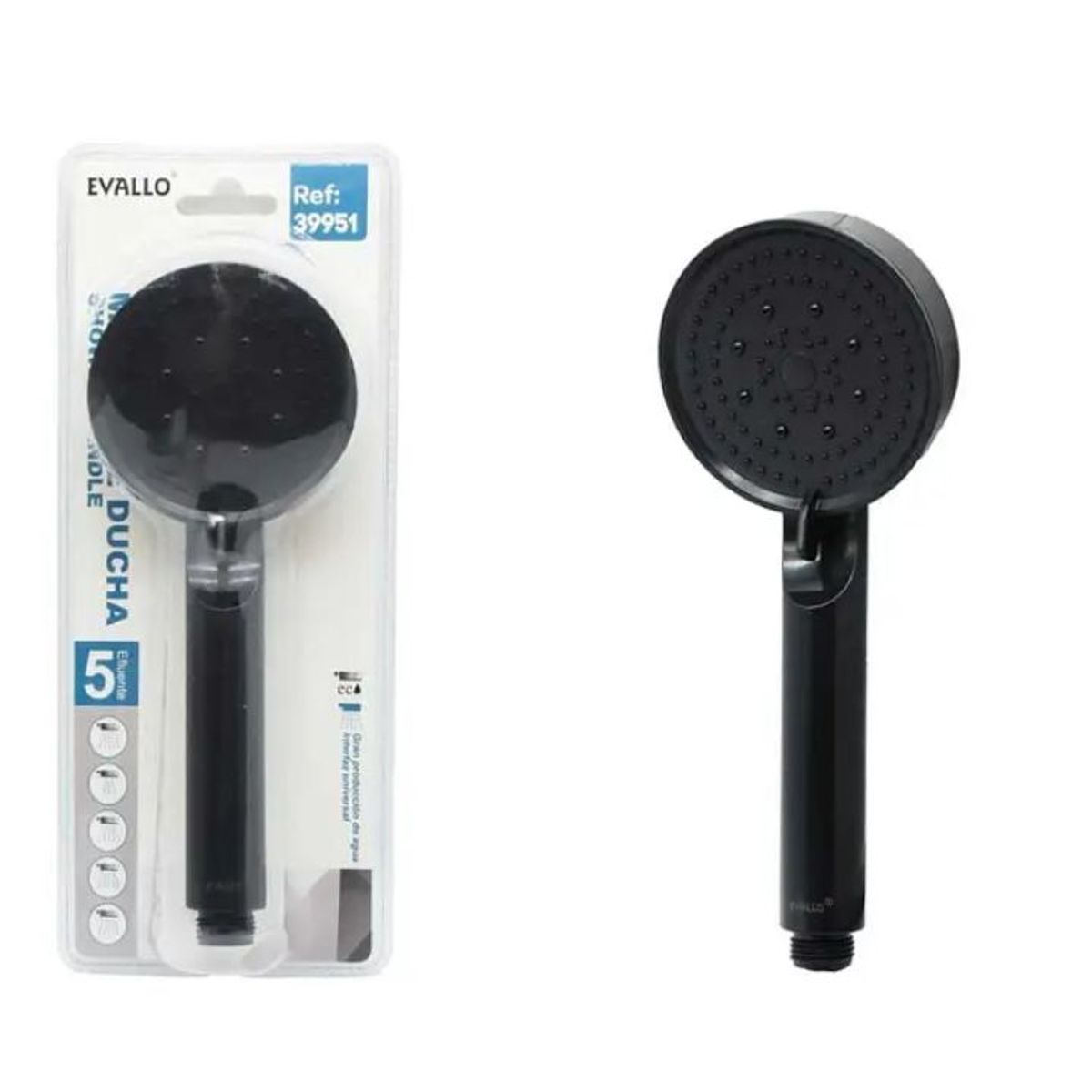 GENERICO - Mango de Ducha de Mano Negro Mate 5 Funciones de Agua - 19x6.5cm - Plástico ABS Reforzado
