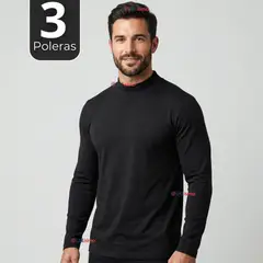 UTILISIMO - Pack 3 Camisetas Poleras Bambú Primera Capa Cuello Beatle Manga Larga Negro Hombre