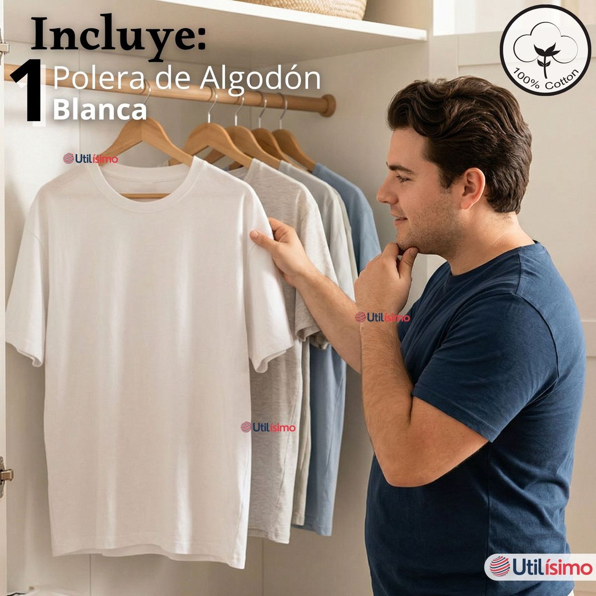 UTILISIMO - Camiseta Polera Algodón Primera Capa Manga Corta Blanco Hombre