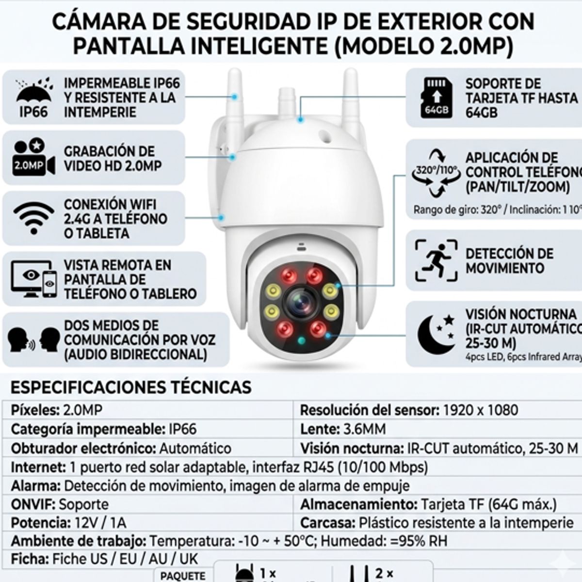 TASBEL - Camara Seguridad WiFi IP HD Infrarrojo Impermeable Exterior Vision Nocturna Vigilancia Hogar