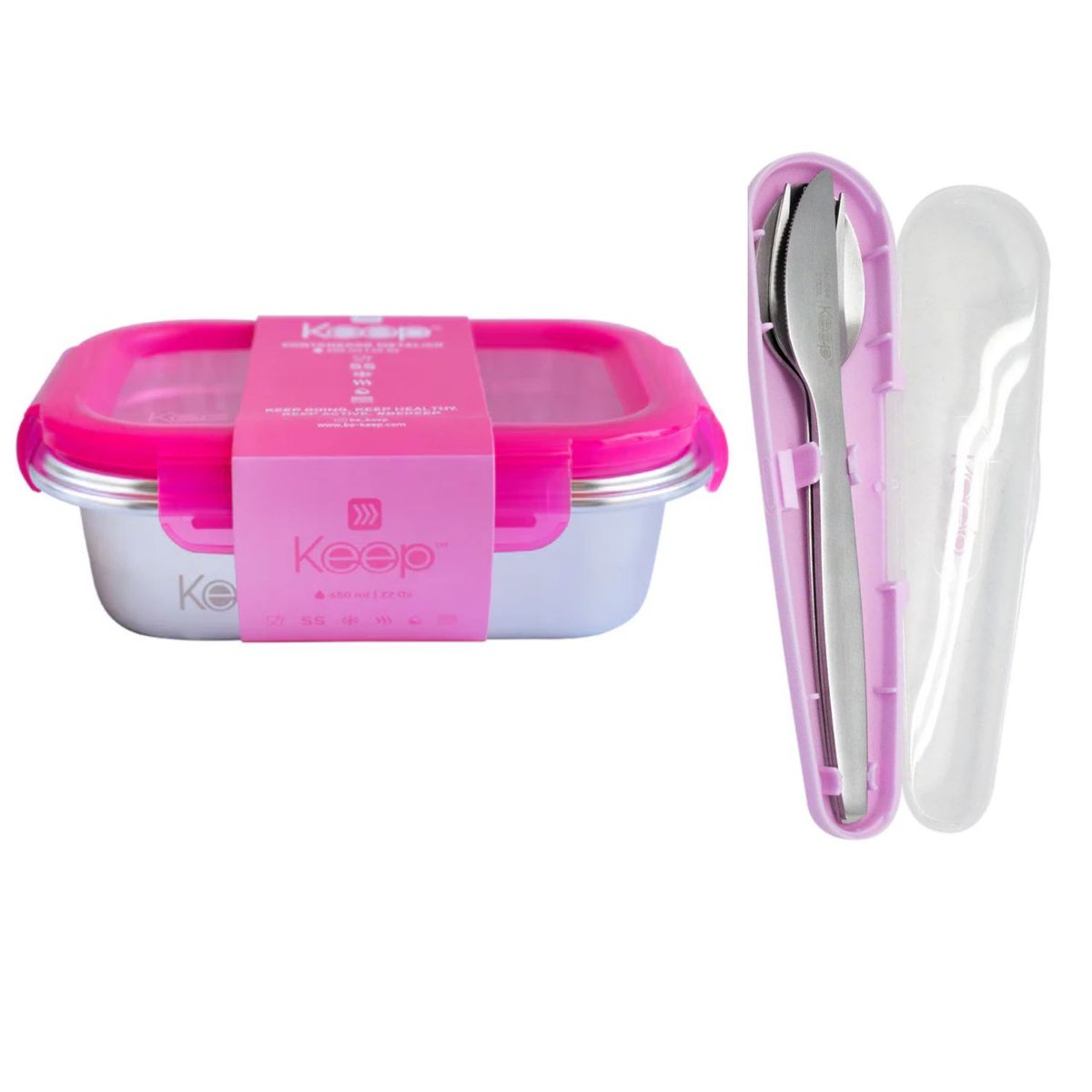 KEEP - Hermético Keep 650ml Acero + Cubiertos On The Go Rosa - PS