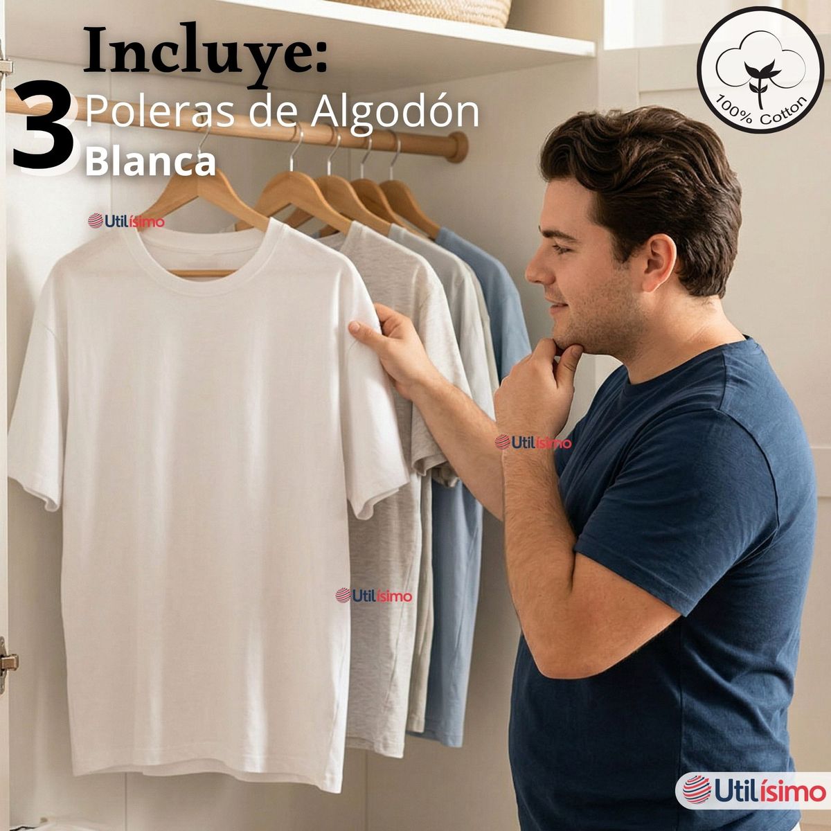 UTILISIMO - Pack 3 Camisetas Poleras Algodón Primera Capa Manga Corta Blanco Hombre