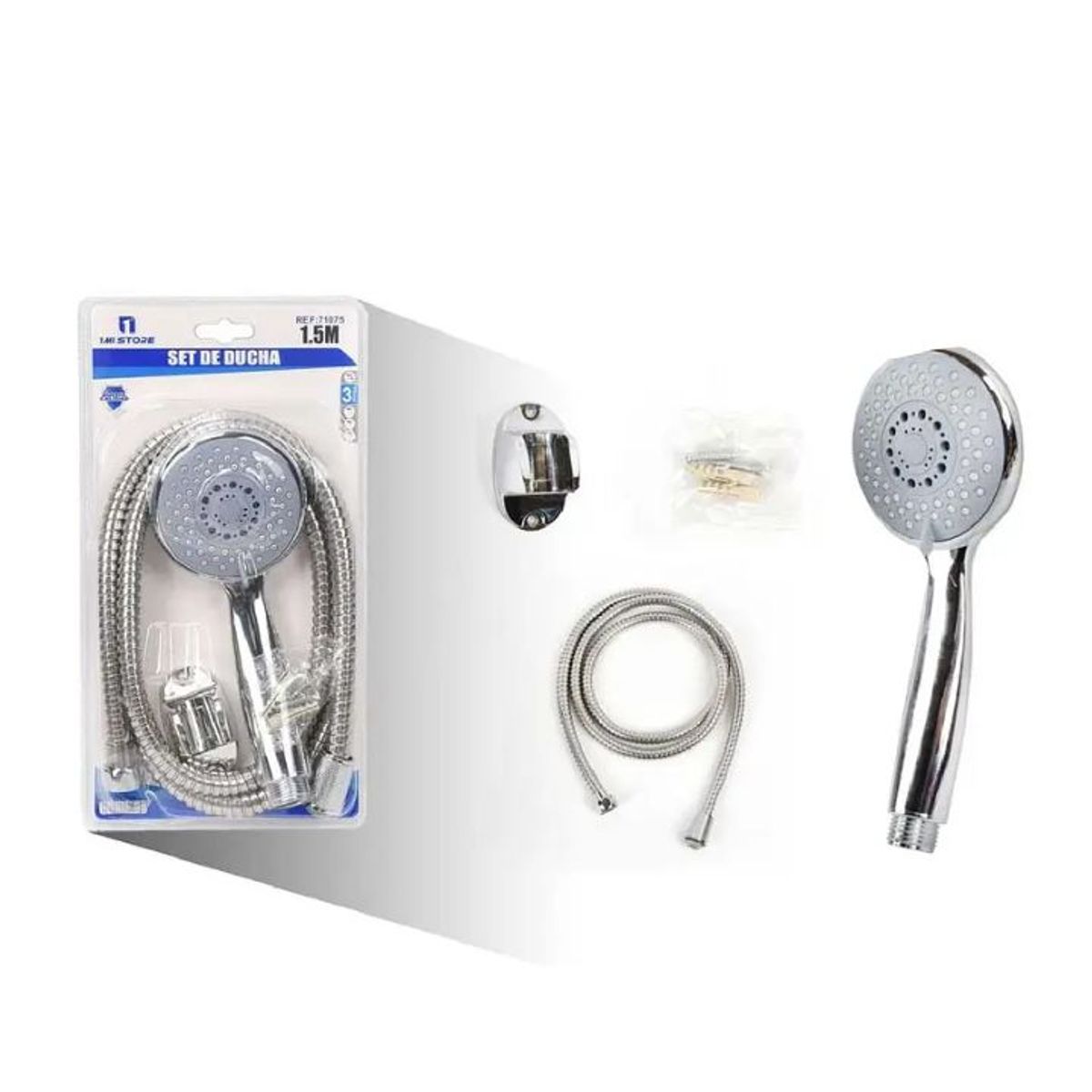 GENERICO - Kit de Ducha de Mano Completo XXL - Cabezal 18 cm - Manguera Flexible 1.5m + Soporte de Pared