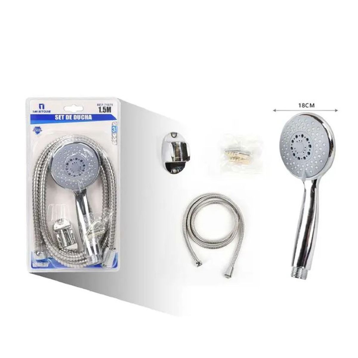 GENERICO - Kit de Ducha de Mano Completo XXL - Cabezal 18 cm - Manguera Flexible 1.5m + Soporte de Pared